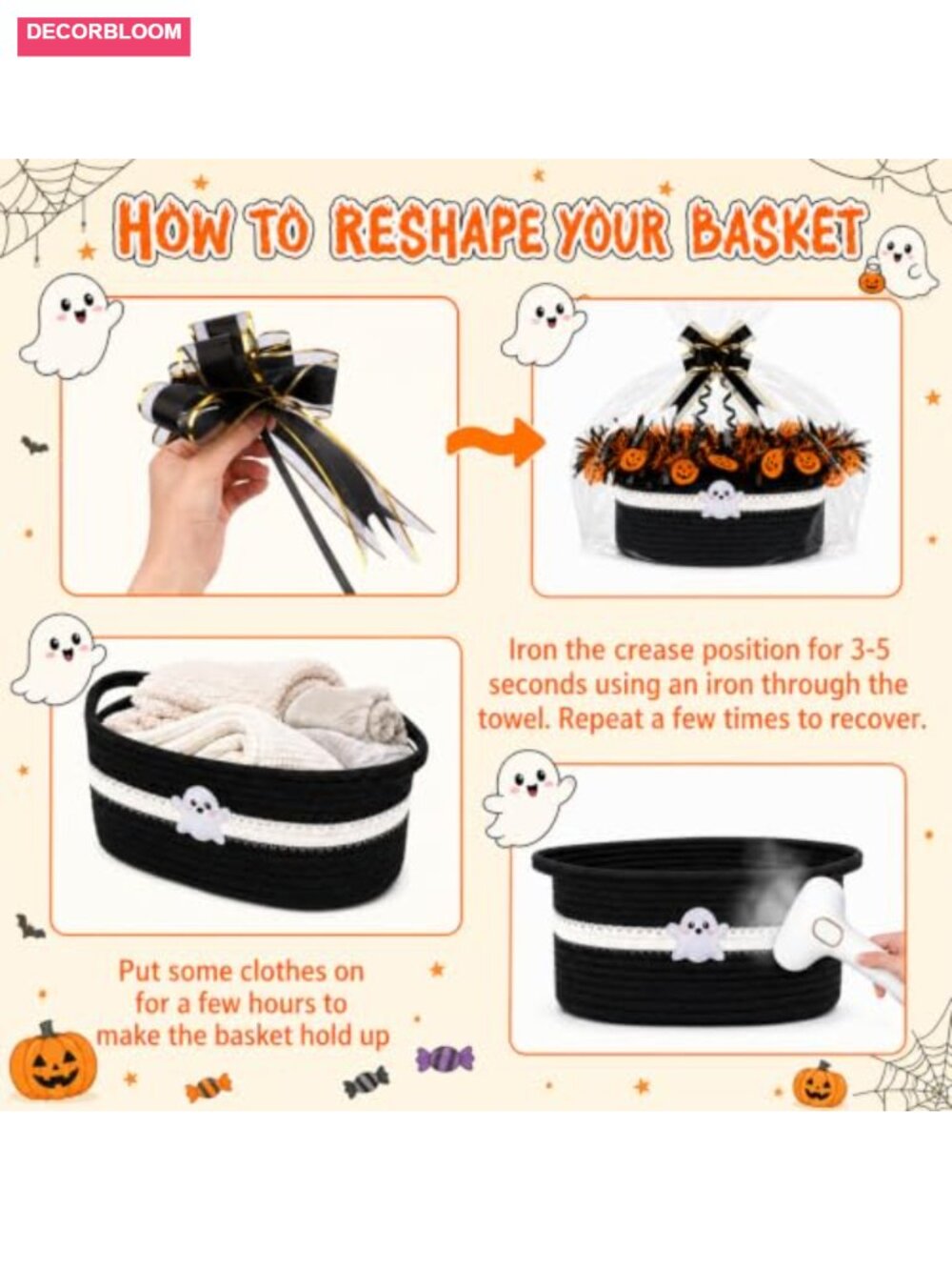 Halloween Boo Basket Empty Gift Basket Cotton Rope with Ribbon Bag Bow - Picture 3 of 5